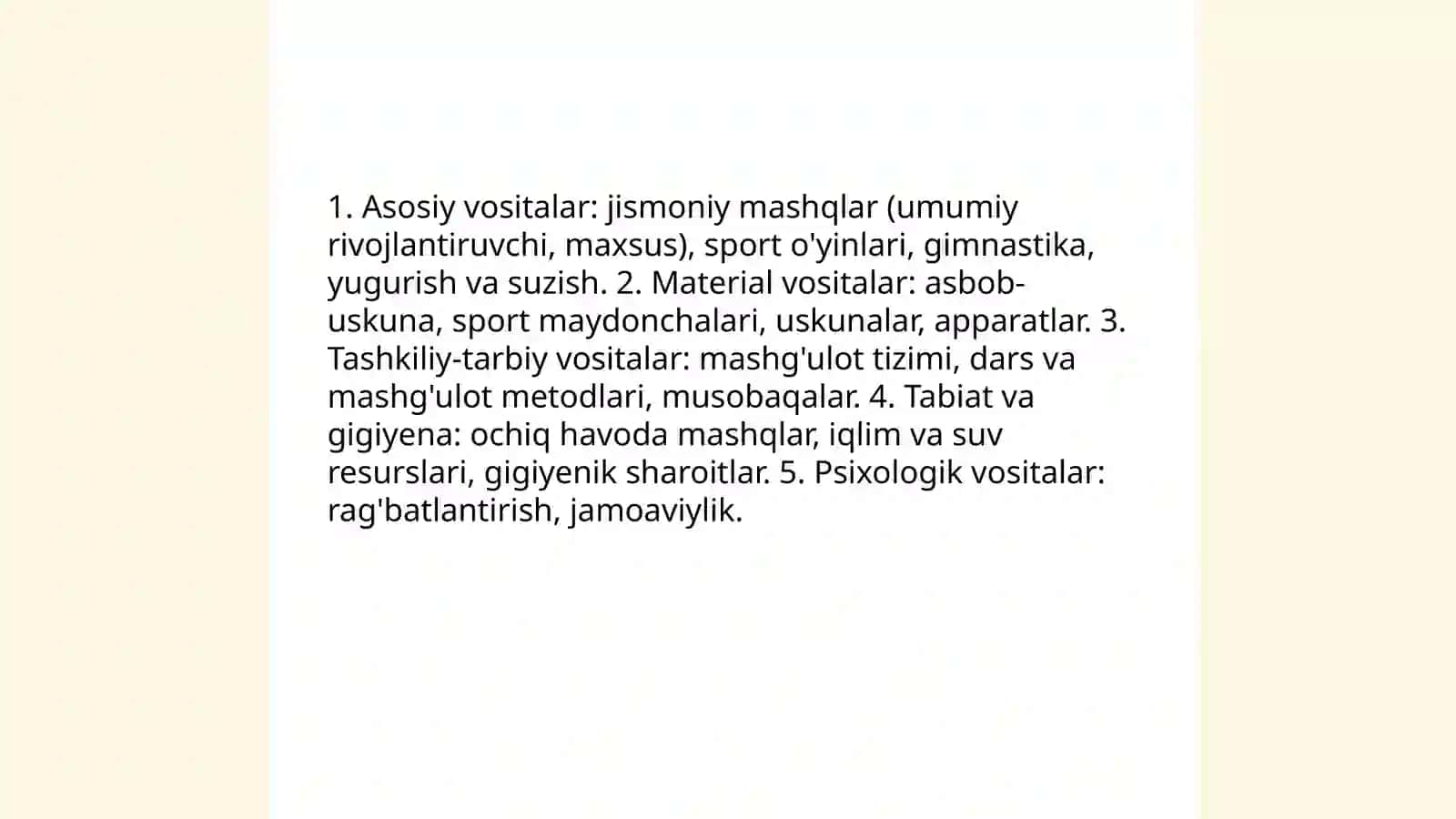 Jismoniy tarbiyaning vositalari, jismoniy mashqlar. Tabiatning sogʻlomlashtiruvchi kuchlari va gigeynik omillar 3