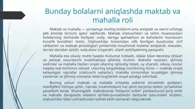 Yordamga muhtoj bo'lgan bolalarni ta'lim tizimiga jalb etishda ota-onalar, oila va jamoatchilik bilan ishlash. 3