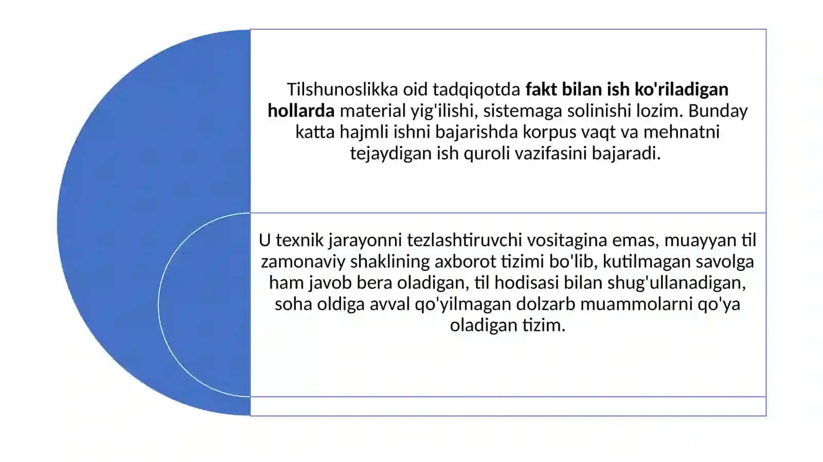 Korpus taksonomiyasi. Korpusning lingvistik va ta’limiy ahamiyati. Korpus yaratish texnologiyasi. Ma’lumot to‘plash (ma’lumotlarni saqlash, konkordans dasturiy ta’minoti yordamida ma’lumotlarni olish, onlayn interfeyslar) 3