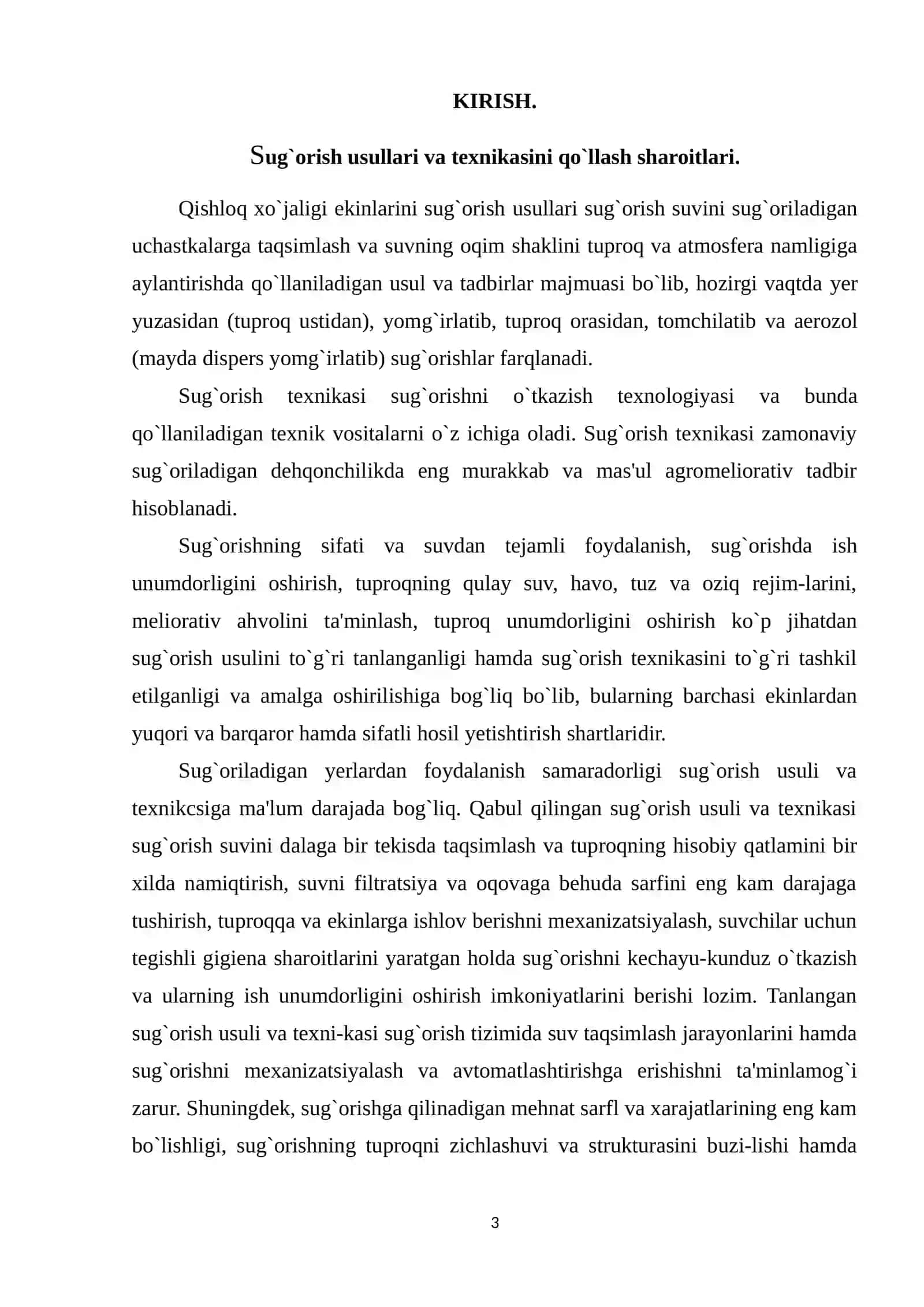 Sug’orish texnikasi va usullari tushunchalari, ularni qo`llash sharoitlari va maqsadlari 3