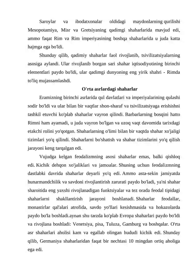 Shaharlarning vujudga kelishi va ularning davlatlarni tashkil topishdagi o’rni 3