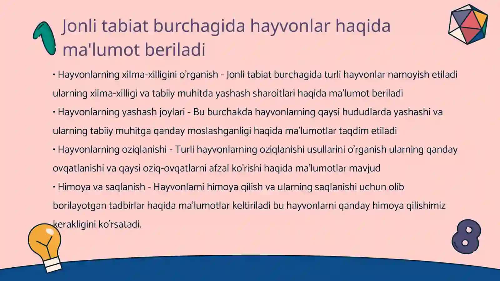 Jonli tabiat burchagida oʻtkaziladigan biror mavzuga bir soatlik dars ishlanma yozish 3
