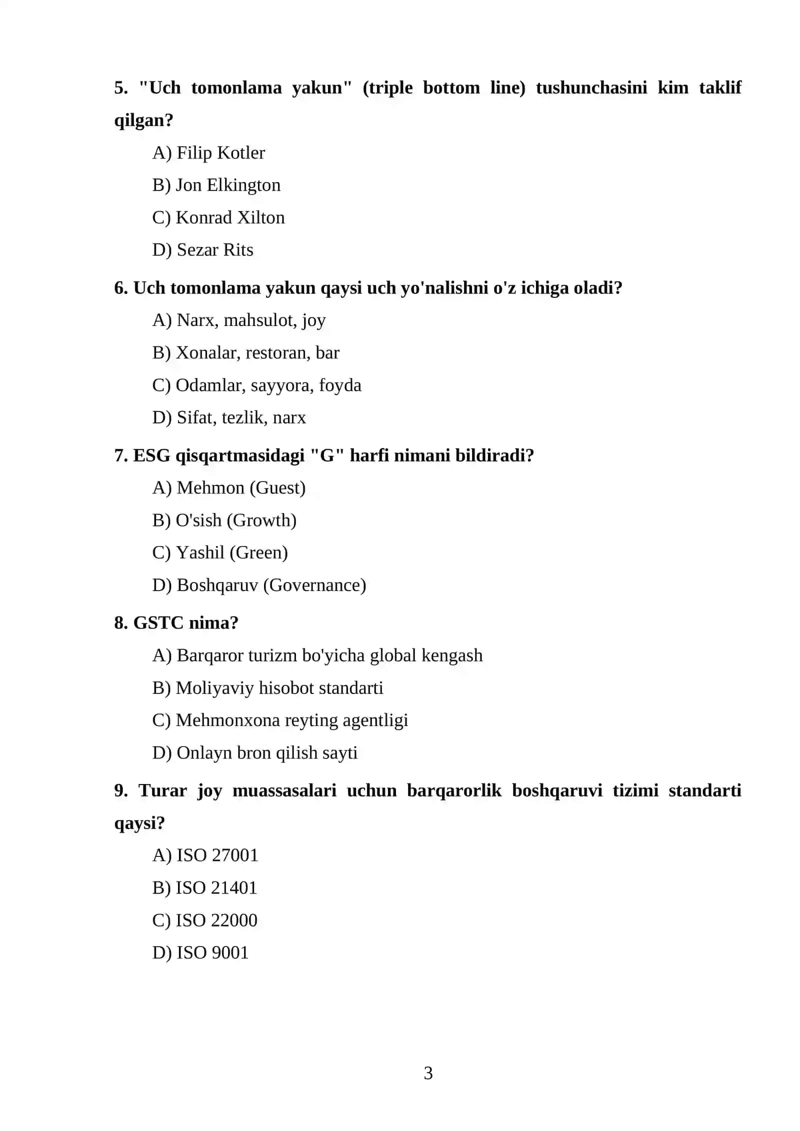 TEST TOPSHIRIQLARI (Xalqaro mehmonxonalarda barqaror rivojlanish) 3