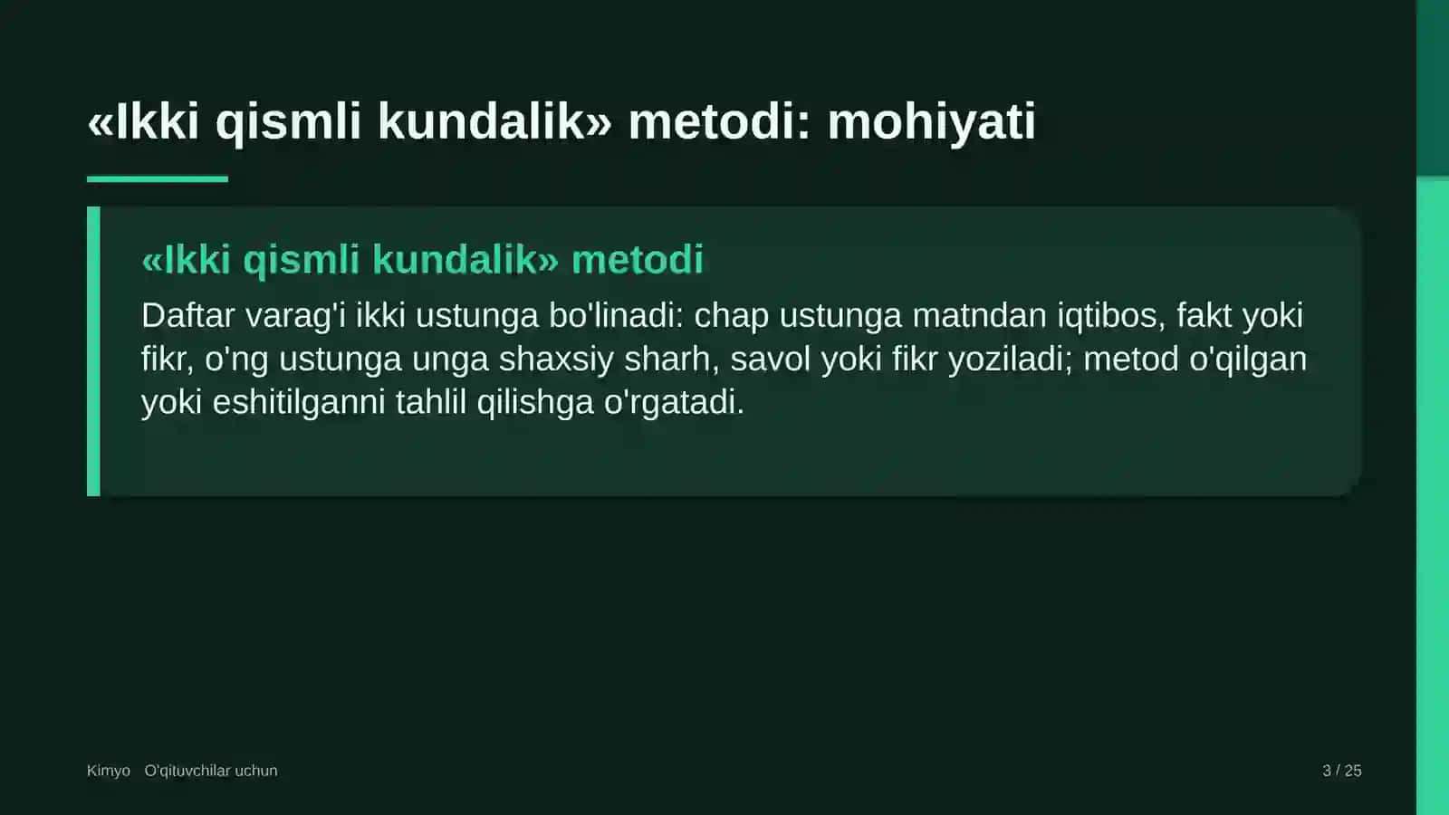 kimyo darslarida ikki qismli kundalik metodidan foydalanish 6260 3