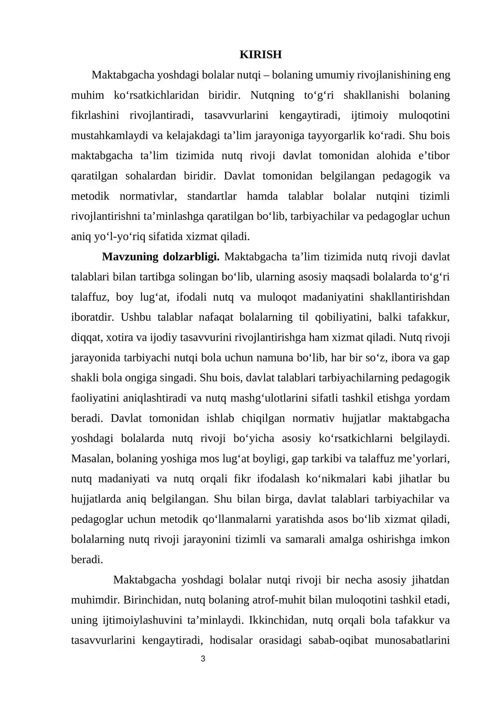 KURS ISHI “NUTQ O’STIRISH METODIKASI” FANIDAN MAVZU: MAKTABGACHA YOSHDAGI BOLALAR NUTQIGA QO'YILGAN DAVLAT TALABLARINI O'RGANISH 3