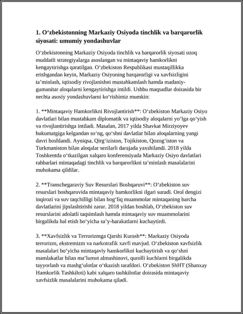 Oʻzbekistonning Markaziy Osiyoda tinchlik va barqarorlik siyosati: umumiy yondashuvlar 3