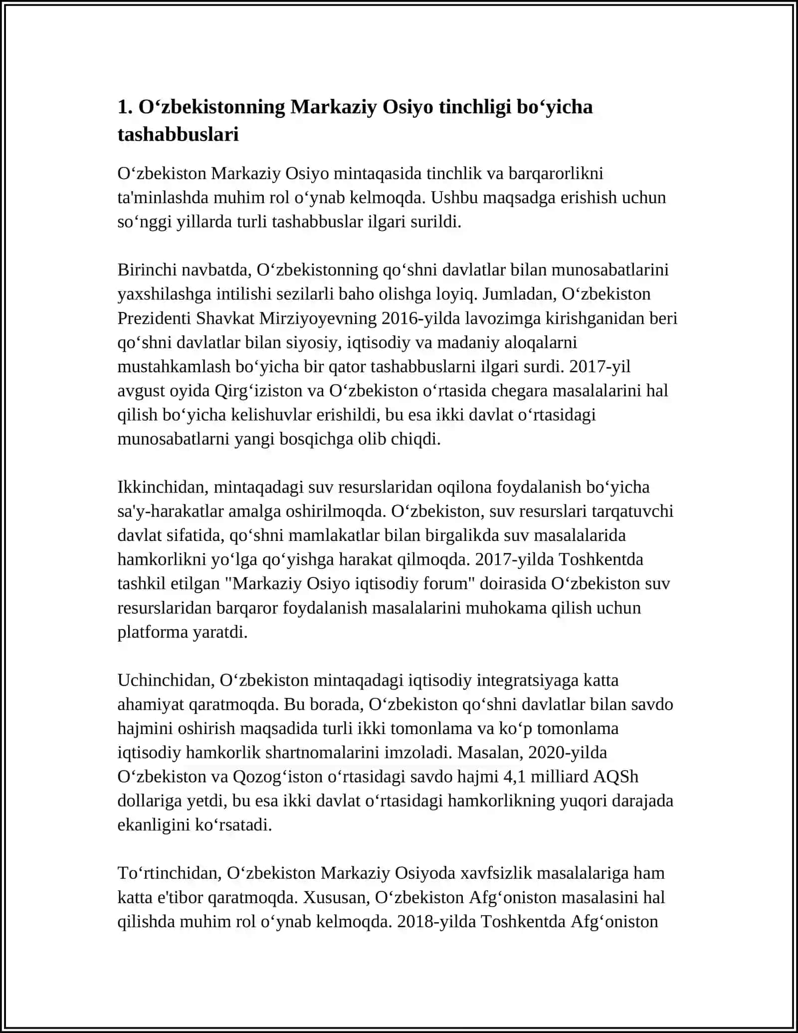 O‘zbekistonning Markaziy Osiyoda Tinchlik va Barqarorlikni Ta’minlashdagi Oʻrni 3