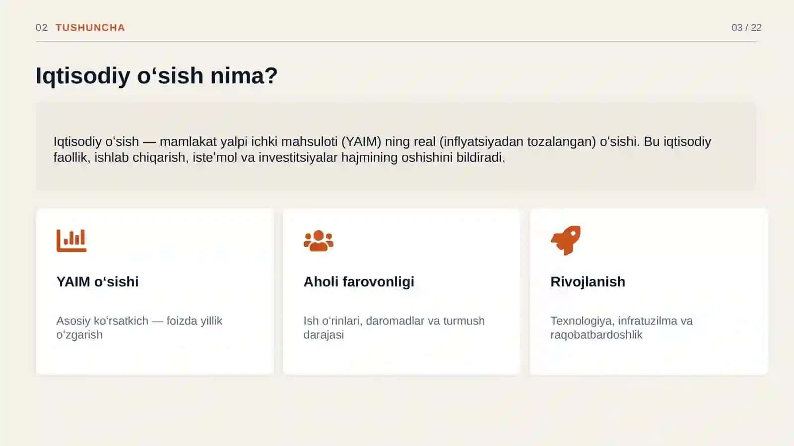 IQTISODIY TAHLIL

O'zbekiston va jahon mamlakatlarida iqtisodiy o'sish

Jahon iqtisodiyoti tendensiy 3