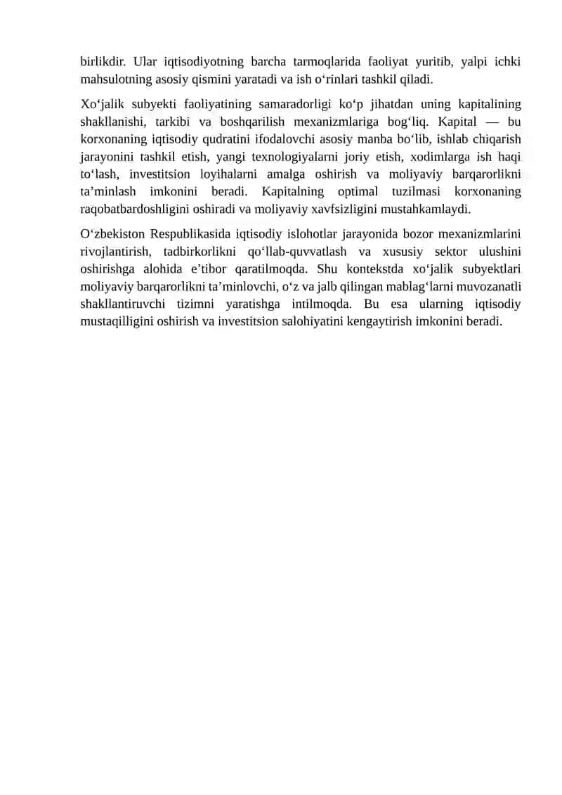 Biznes jarayonida xo’jalik subyekti va uning kapitalining tashkil topish strukturasi 3