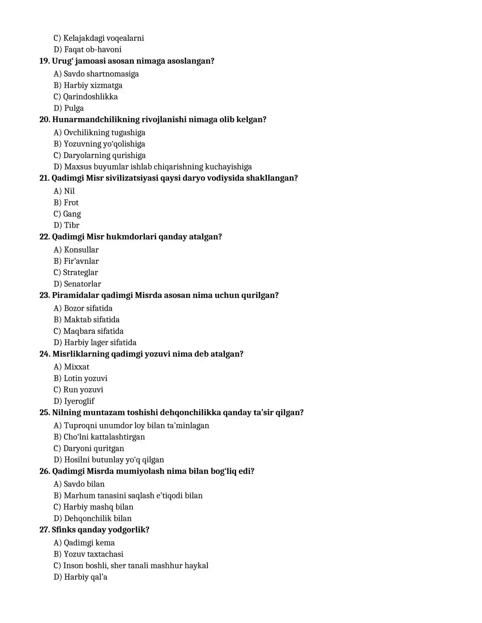 5-sinf Tarix fanidan 100 ta test — savollar va javoblar 3