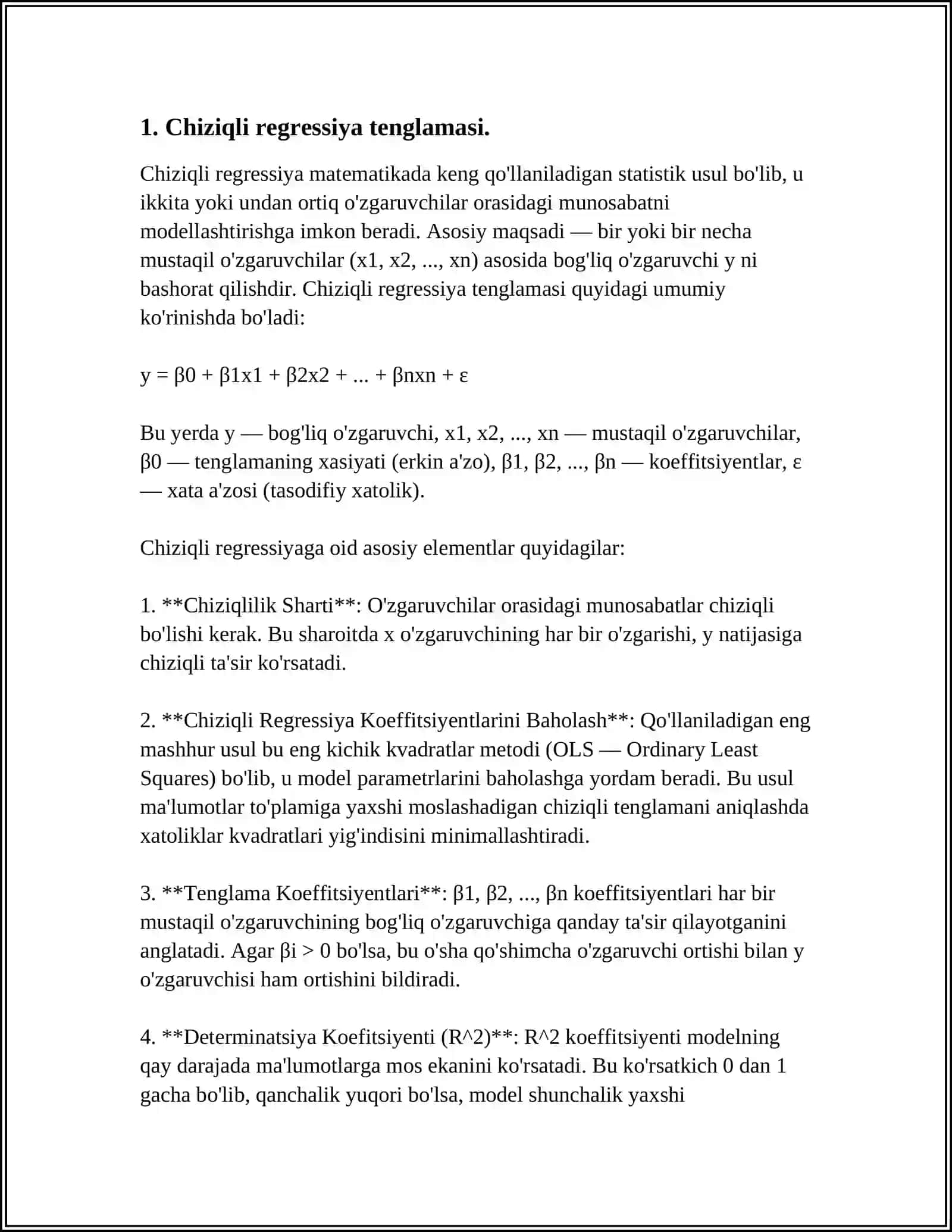 REGRESSIYA TENGLAMALARIDA PROGNOZLASH VA NATIJALARINI ISHONCHLILIK INTERVALINI ANIQLASH 3