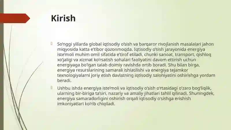 Energiya iste'moli va iqtisodiy o'sish o'rtasidagi bog'liqni baholash 3