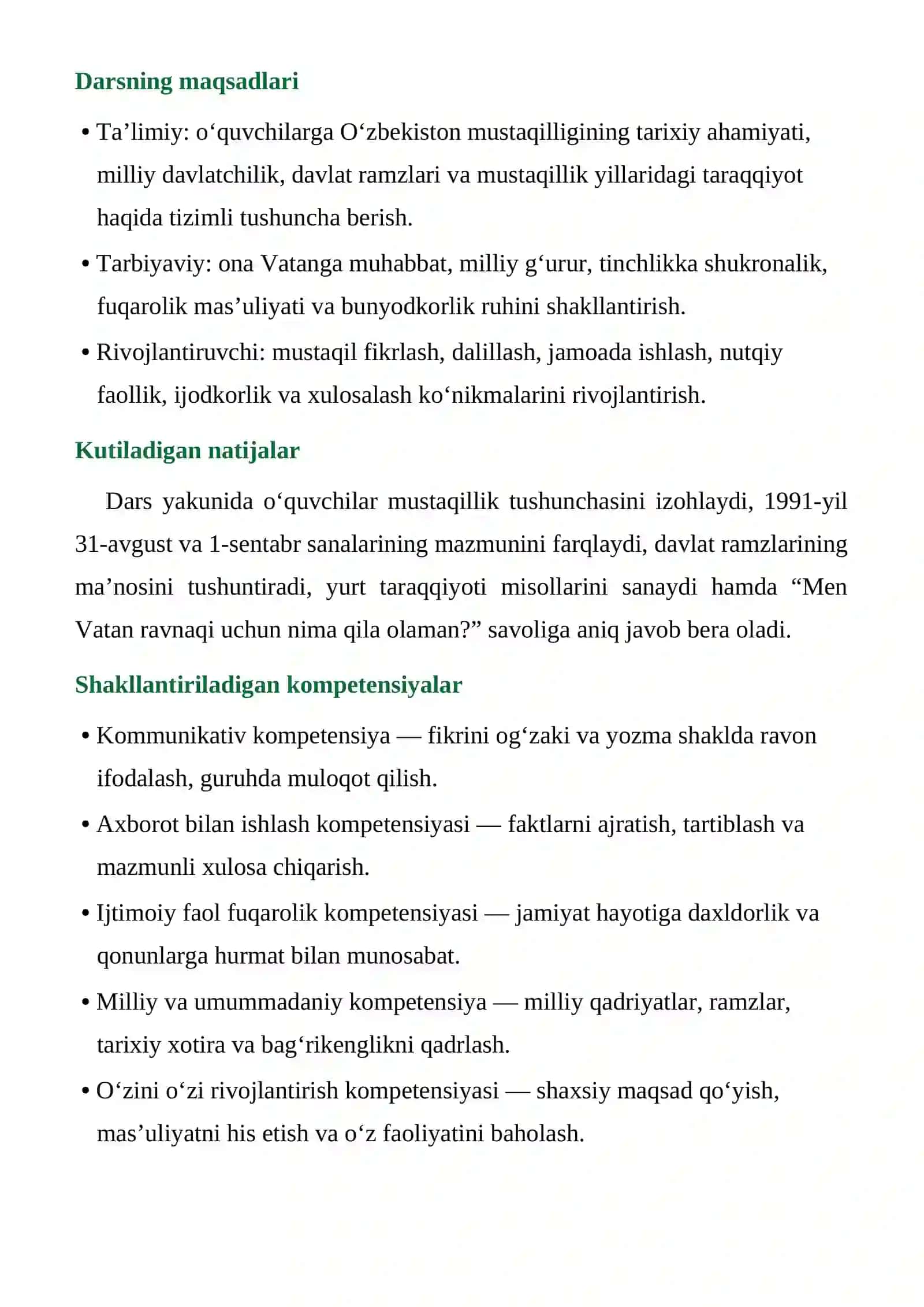 "MUSTAQILLIGIMIZNING 35 YILLIGI" DARS ISHLANMA 3