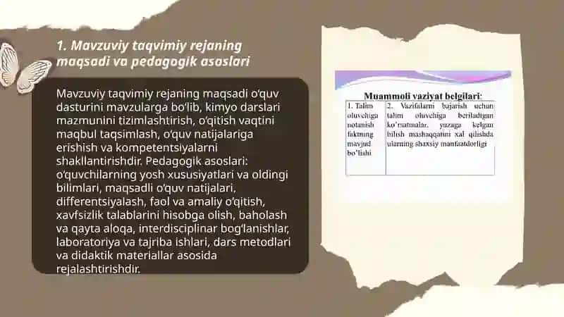 Mavzuviy taqvimiy reja. Kimyo darsining konspekti (matni)ni tuzish metodikasi 3