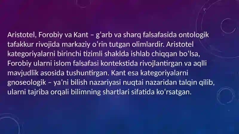 Aristotel, Forobiy va Kant ontologiyasida kategoriyalar tasnifini qiyosiy tahlil etish va farqlarini aniqlash 3