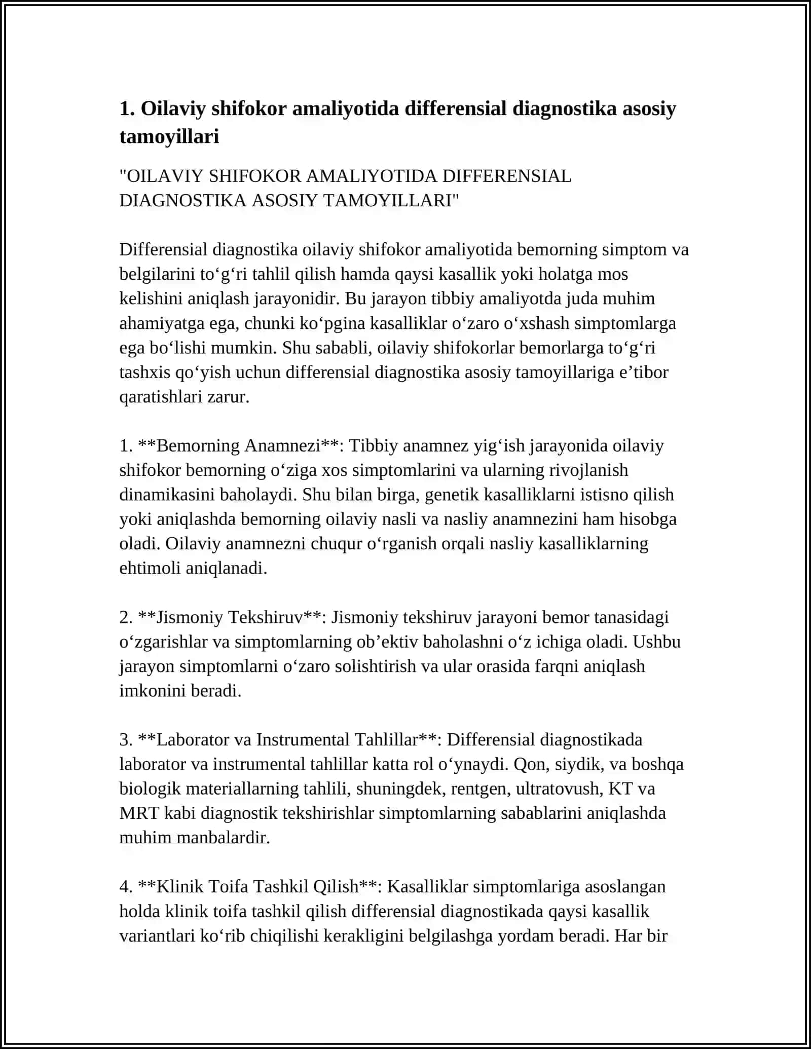 OILAVIY SHIFOKOR AMALIYOTIDA DIFFERENSIAL DIAGNOSTIKA. KLINIK GENETIKA. OILAVIY NASLIY ANAMNEZ 3