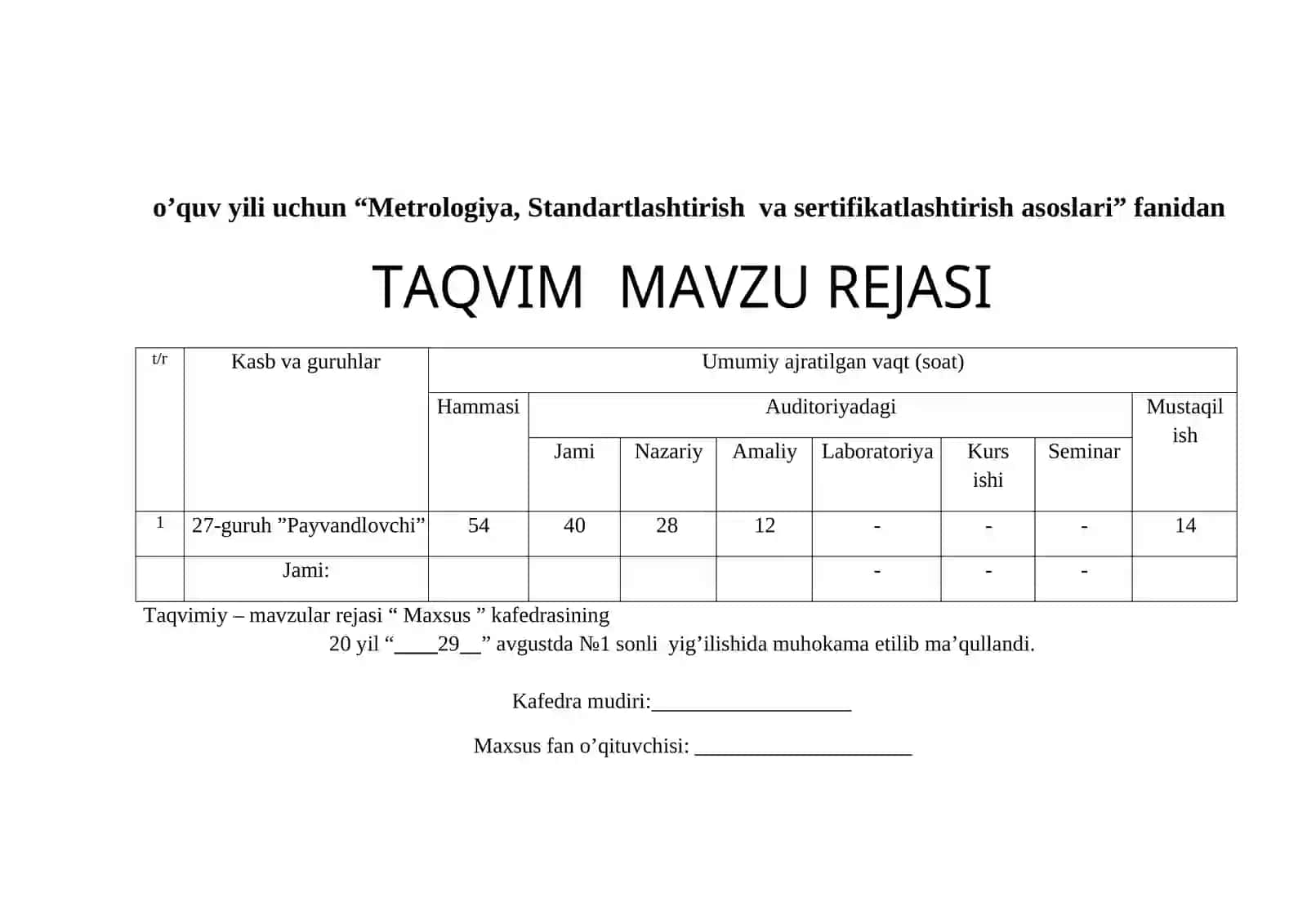 METROLOGIYA STANDARTLASHTIRISH  VA SERTIFIKATLASHTIRISH ASOSLARI FANIDAN O'MT 3