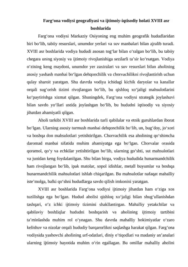 XVIII asr boshlarida Farg‘ona vodiysida mustaqil davlatchilik uchun sharoitni vujudga kelishi mavzisida 3