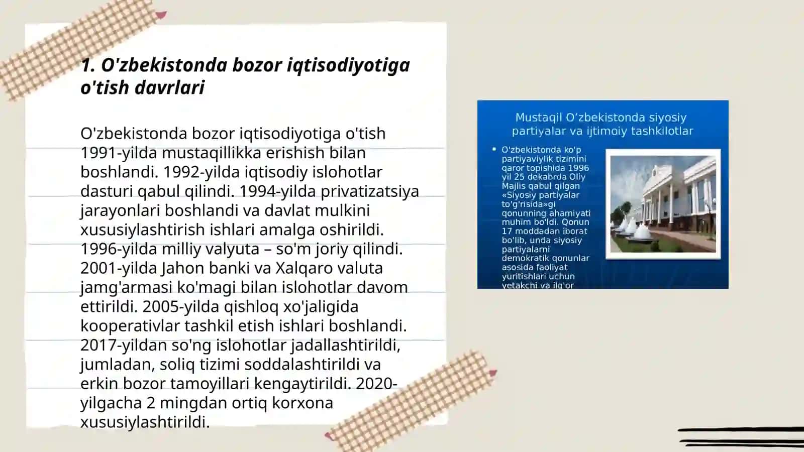 O'zbekiston Respublikasida bozor munosabatlarining shakllanishi uning yo'nalishlari,bosqichlari 101 OQT gurux 1-kurs talabasi Jamanbaeva Jayna 3