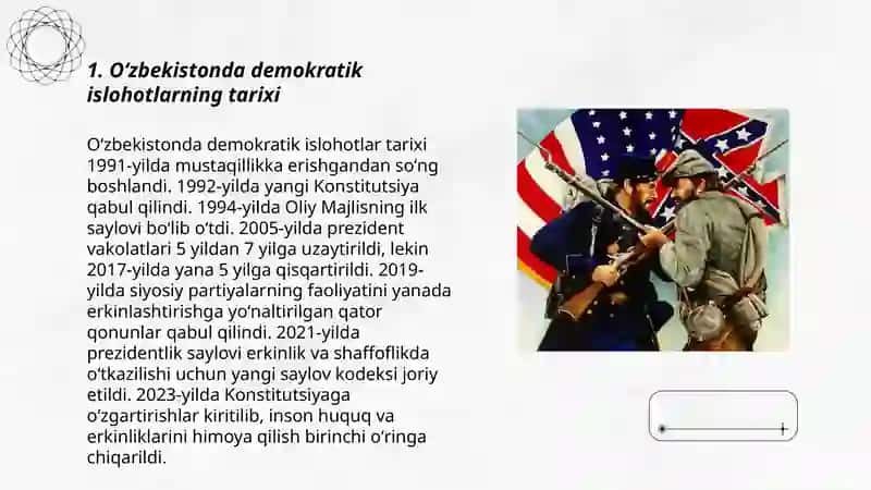 Oʻzbekistonda demokratik, fuqarolik jamiyati asoslarining shakllanishi, amalga oshirilgan siyosiy islohotlar 3