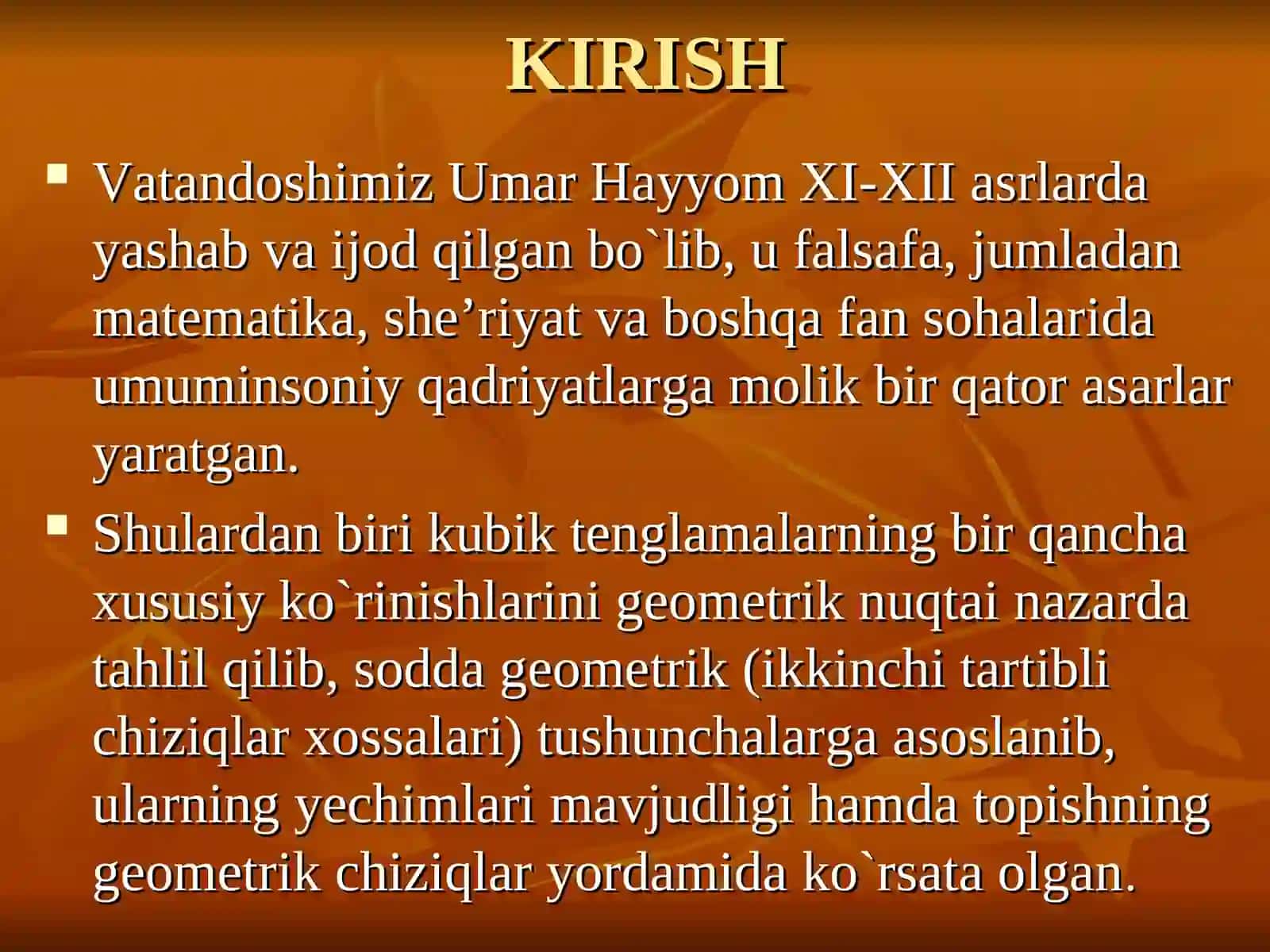 Umar Hayyom usuli bilan Uchinchi darajali tenglamalar 3
