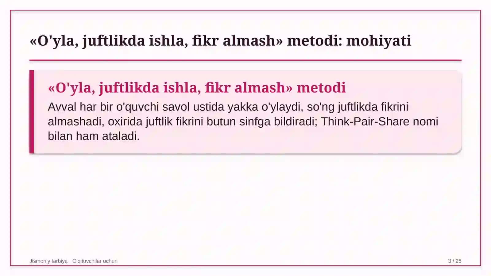 jismoniy tarbiya darslarida o'yla juftlikda ishla fikr almash metodidan foydalanish 4226 3