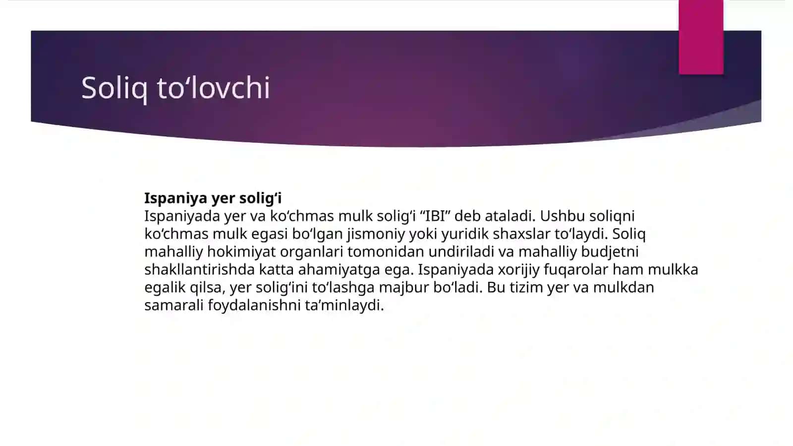 Ispaniya davlati yer soligʻini Oʻzbekiston davlati yer soligʻi bilan 7 element asosida taqqoslash 3