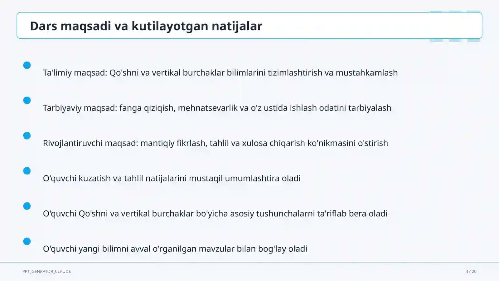 Qo'shni va vertikal burchaklar (7-sinf) 3