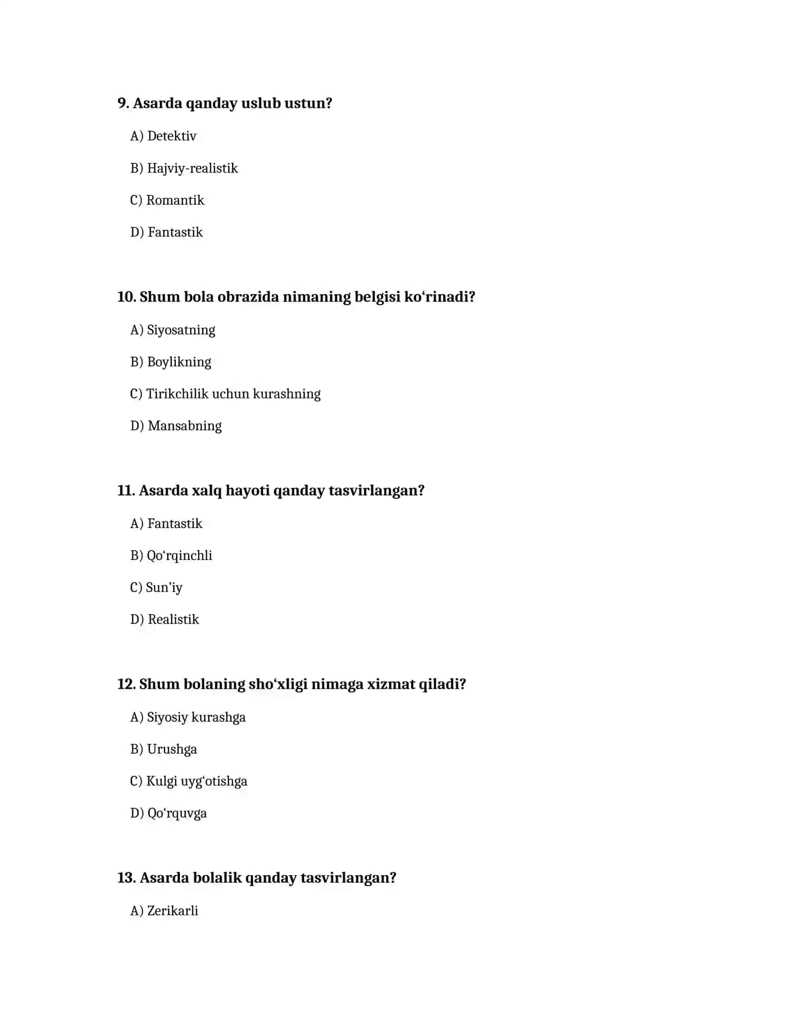 O'zbek adabiyoti asarlari bo'yicha test 3