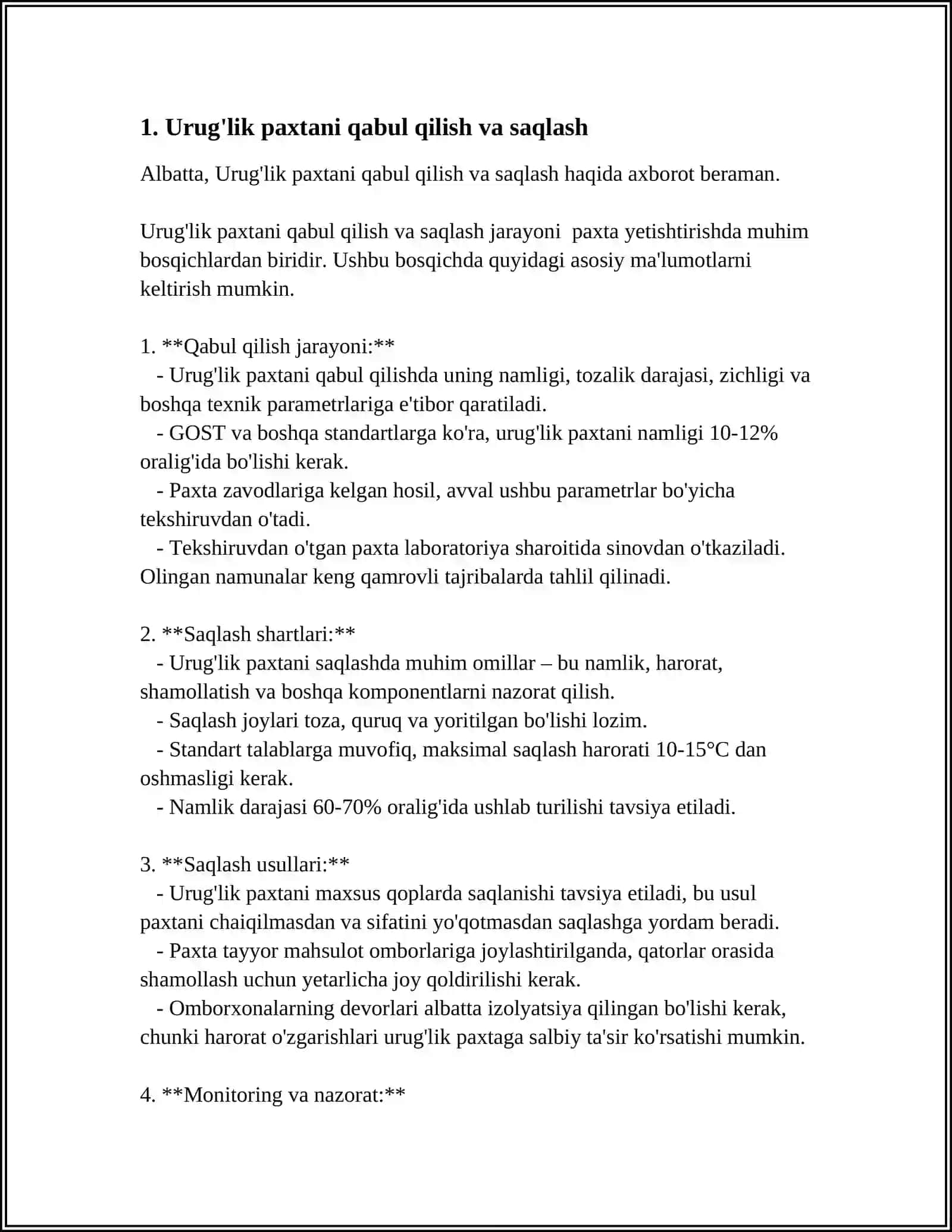 URUG’LIK PAXTANI DASTLABKI QAYTA ISHLASH 3