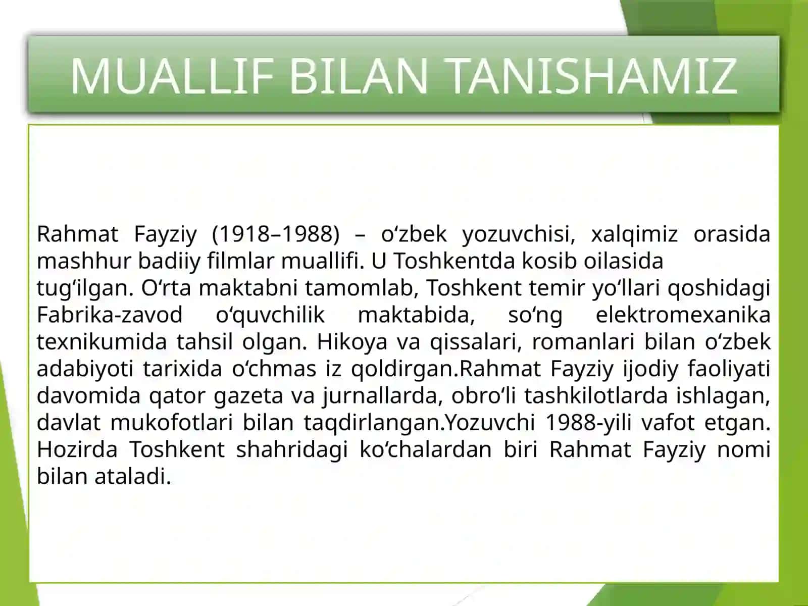 6-sinf Adabiyot fanidan dars ishlanma. Rahmat Fayziy. Hazrati inson 3