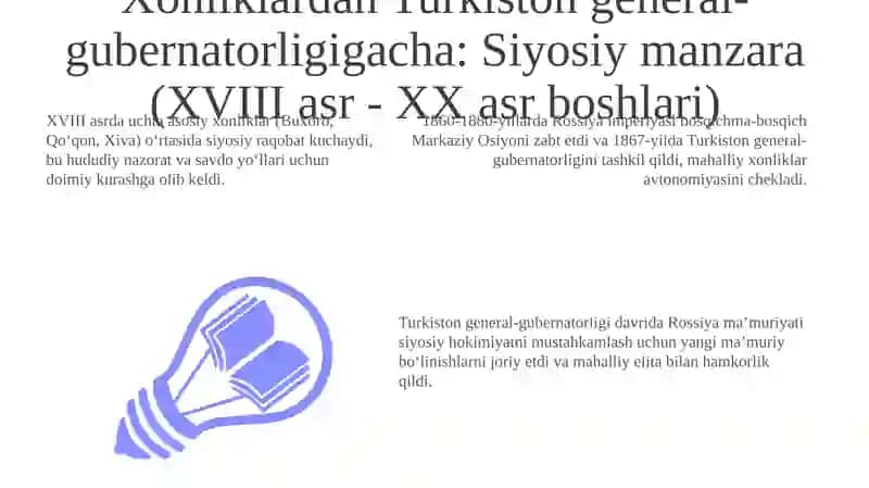 Xonliklardan Turkiston general-gubernatorligigacha: Siyosiy manzara (XVIII asr - XX asr boshlari) 3