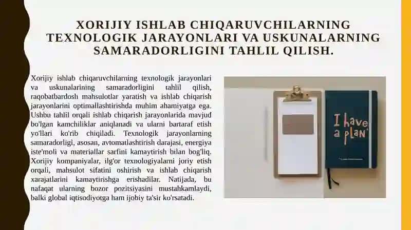 Xorijiy ishlab chiqaruvchilarning texnologik jarayonlari va uskunalarning samaradorligini tahlil qilish 3
