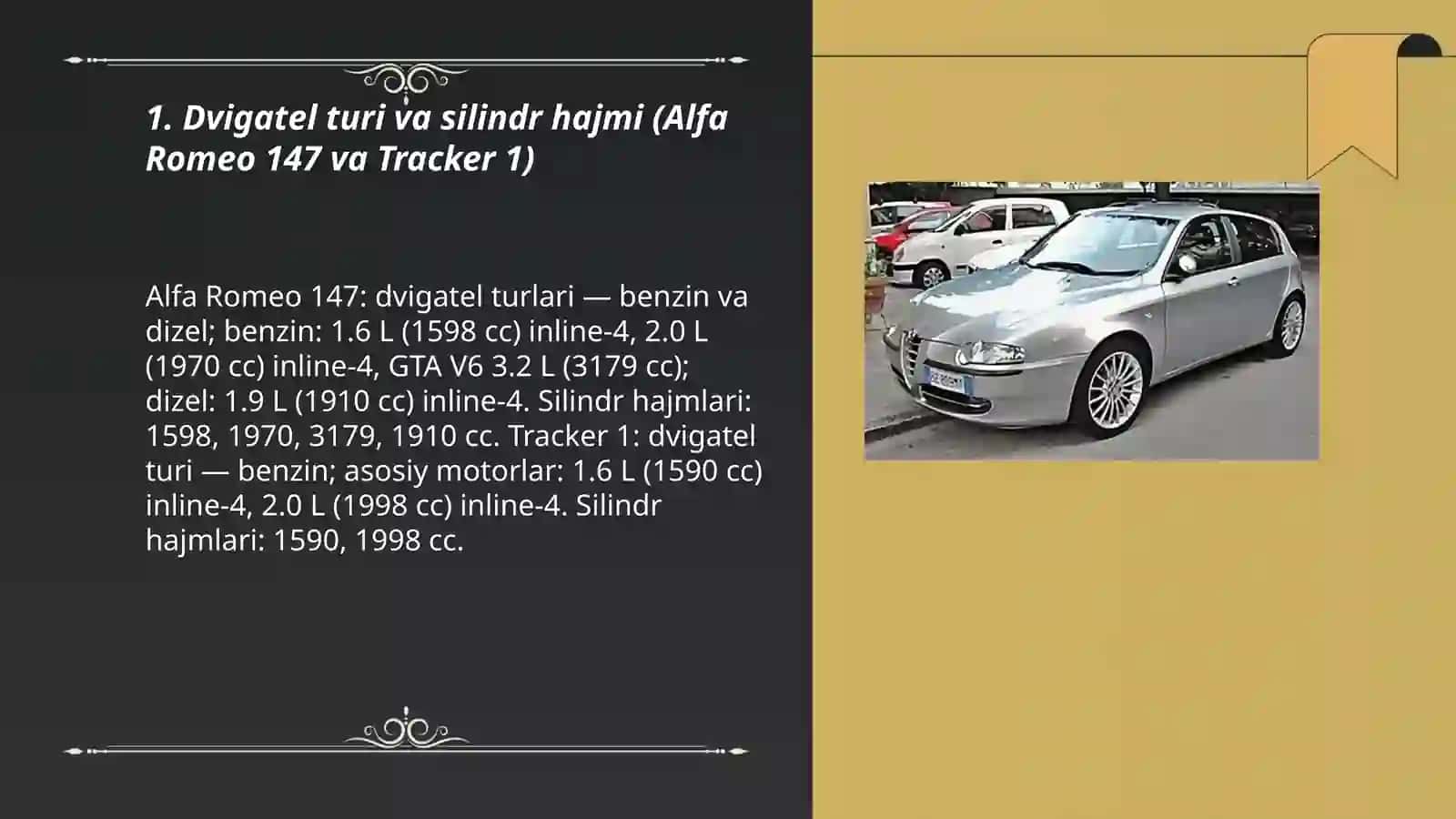 Alfa Romeo 147 va Tracker 1 avtomobillarini texnik xarakteristikalarini taqqoslash va xulosa 3