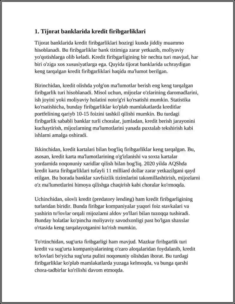 TIJORAT BANKLARINING KREDIT, DEPOZIT VA VALYUTA BILAN BOGʻLIQ NOQONUNIY OPERATSIYALARI 3