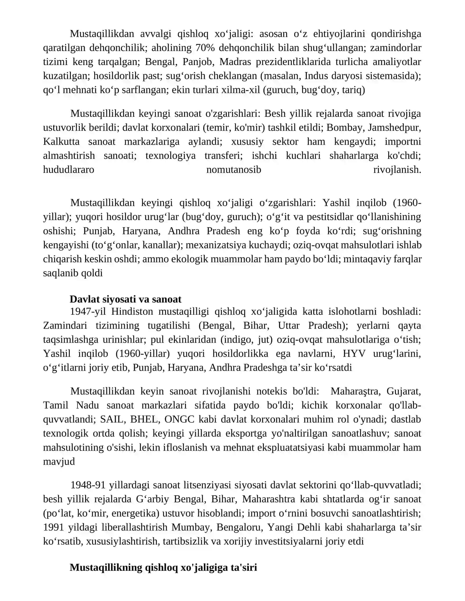 Oʻzgarishlar Mustaqillik yillarida qishloq xoʻjaligi va sanoat sohasidagi 3