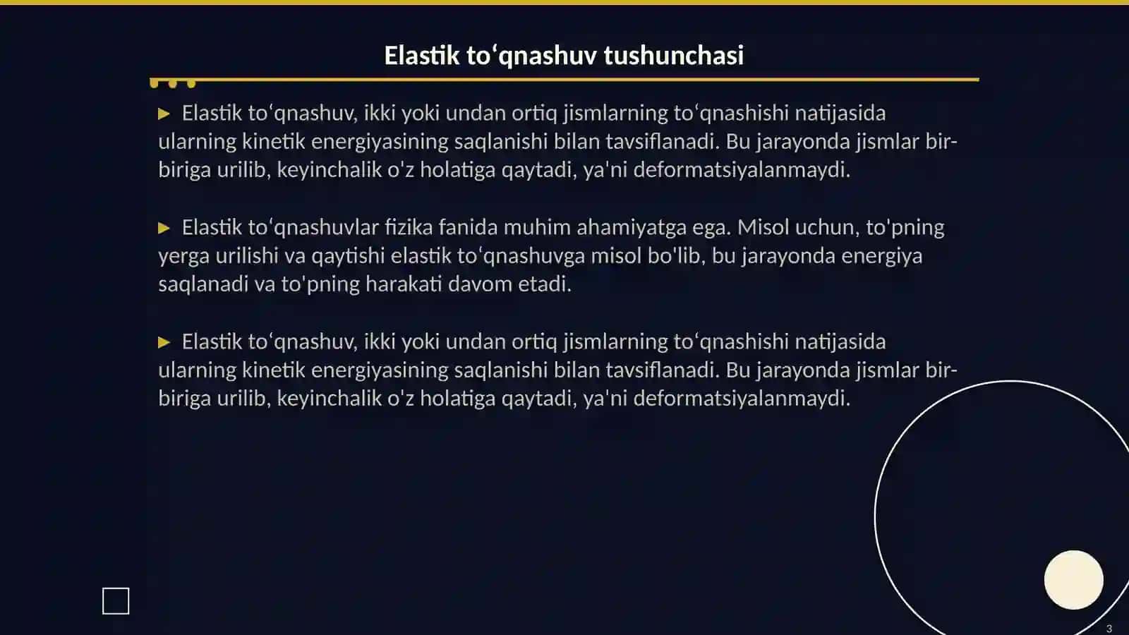 Elastik toʻqnashuvda energiya va impuls saqlanish qonuni tekshirish 3