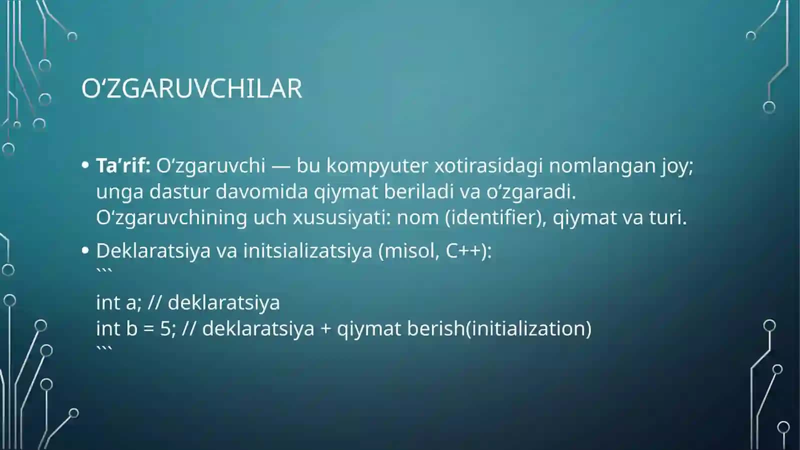 Ma'lumotlar turlari va o'zgaruvchilar 3