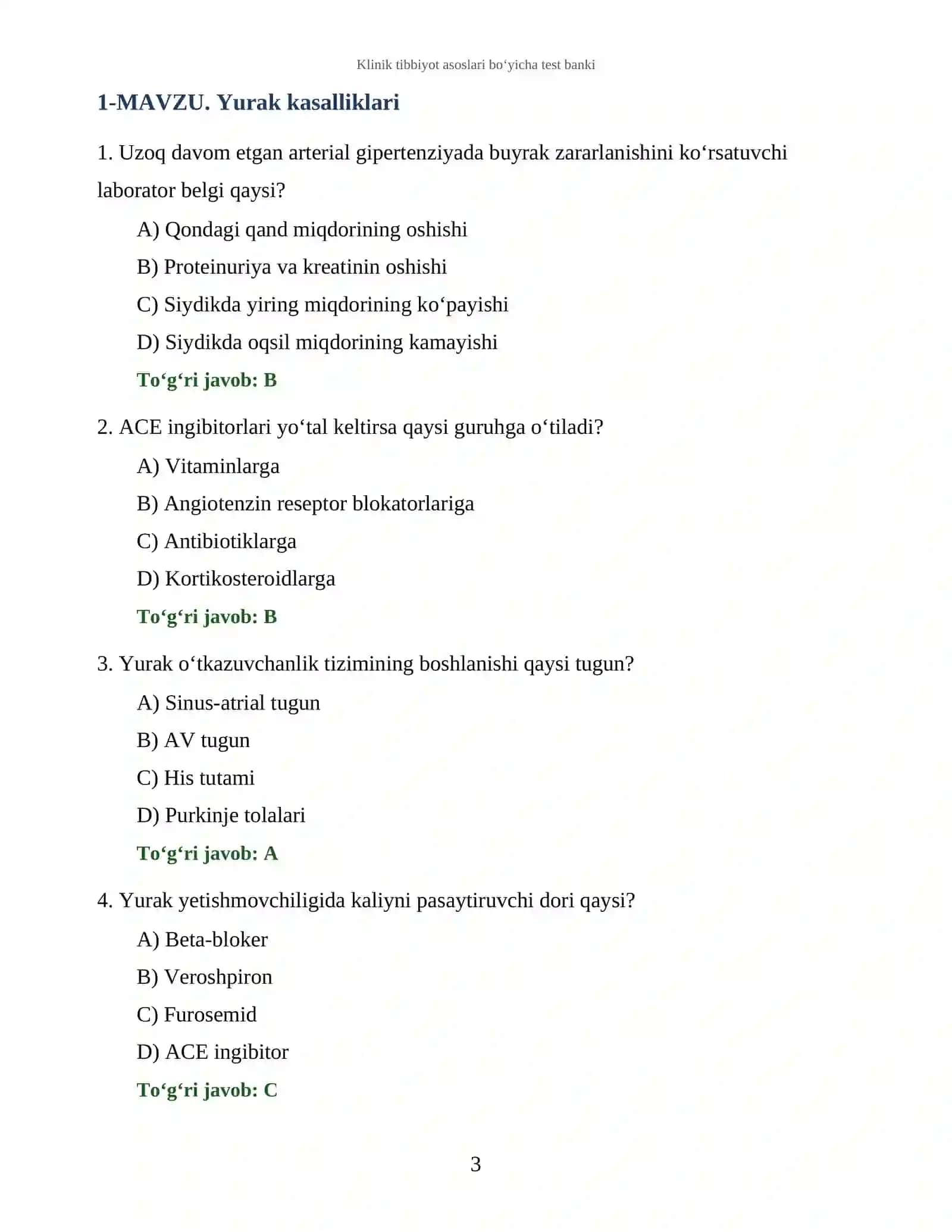 Klinik tibbiyot asoslari bo‘yicha test banki 3