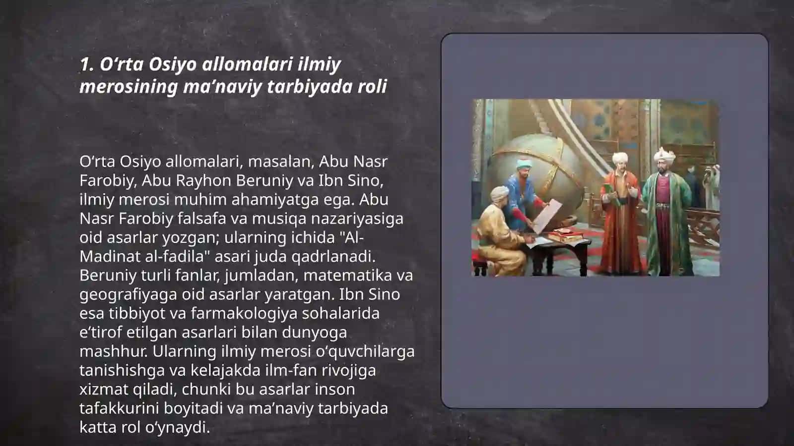 Yuksak maʼnaviyatli yoshlarni tarbiyalashda Oʻrta Osiyo allomalari ilmiy merosining oʻrni (allomalarining ilmiy faoliyati misolida) 3
