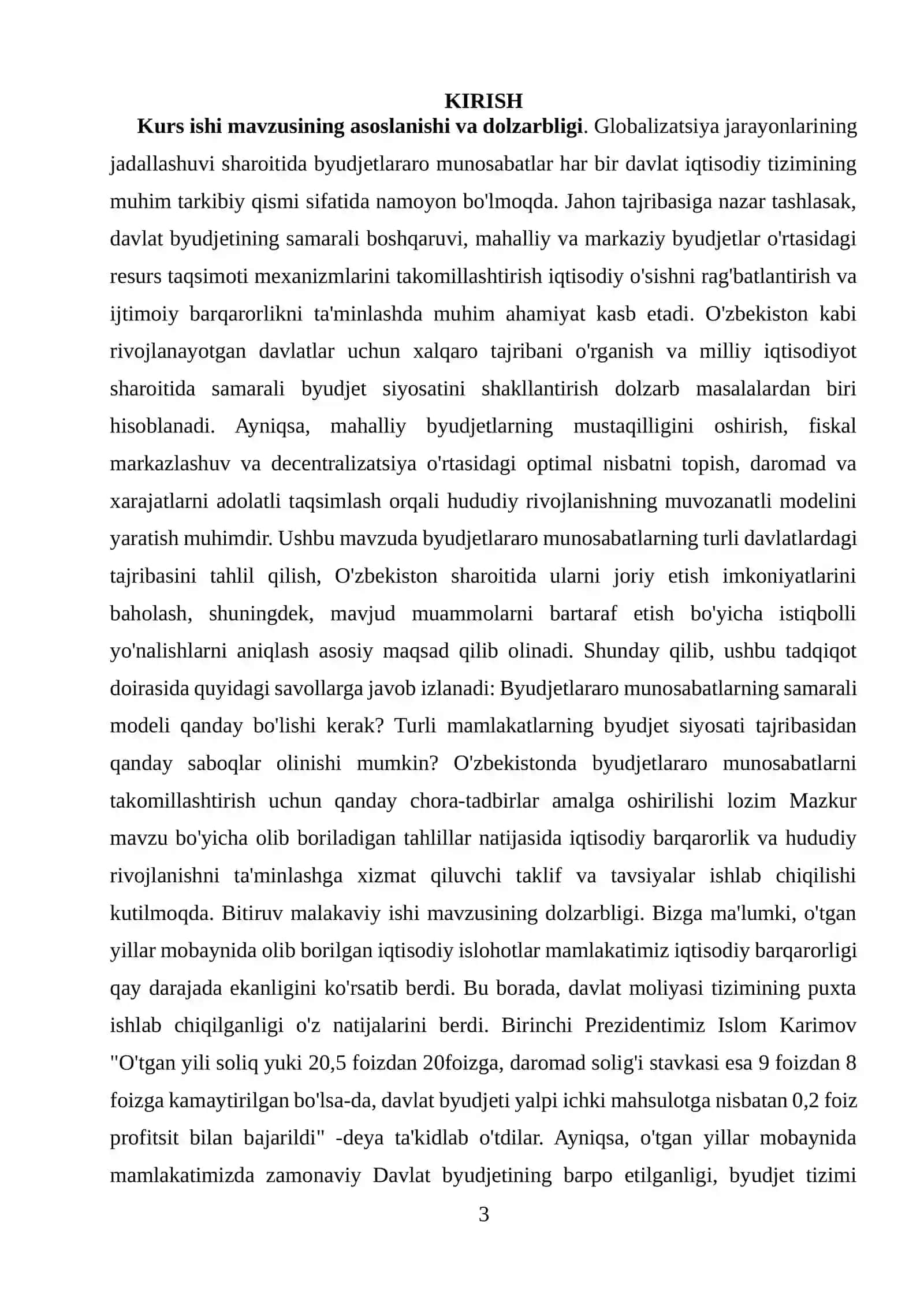 Byudjetlararo munosabatlarning jahon tajribalarini milliy iqtisodiyotda qo’llash muammolari va istiqbollari mavzusida kurs ishi 3