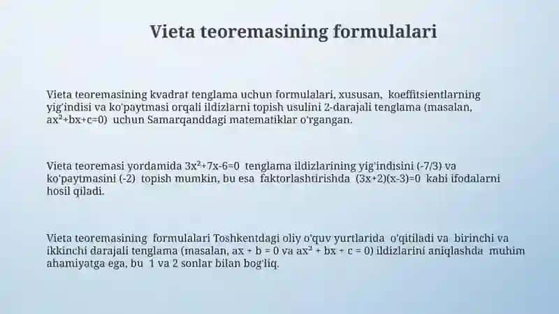 Viyet teoremasi. Kvadrat uchhadni chiziqli koʻpaytuvchiga ajratish 3