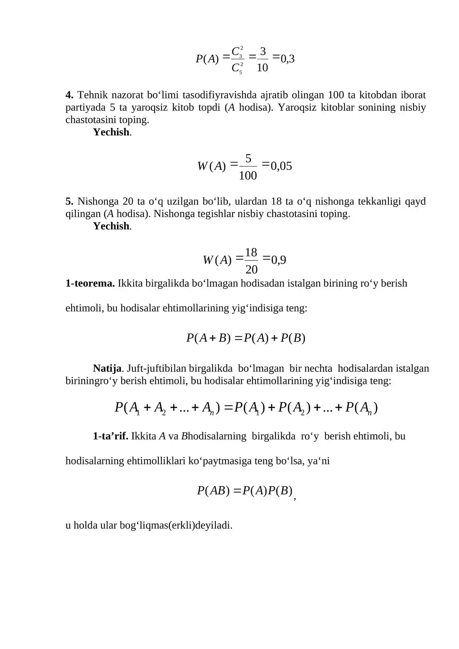 Tasodifiy hodisalar va ularning ehtimolliklari (ehtimollikning klassik, geometrik va statistik ta’riflari). Murakkab hodisa ehtimolliklari (shartli ehtimollik, to‘la ehtimollik va Bayes formulalari) Laboratoriya ishi #Ehtimollik_va_statistika 3
