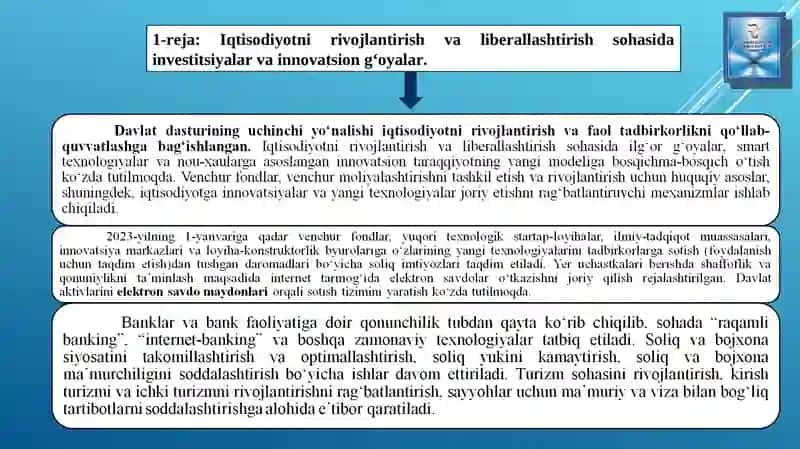 IQTISODIYOTNI RIVOJLANTIRISH VA LIBERALLASHTIRISHNING O‘ZIGA XOSXUSUSIYATLARI VA USTUVOR YO‘NALISHLARI TERMIZ – 2020 YIL 3