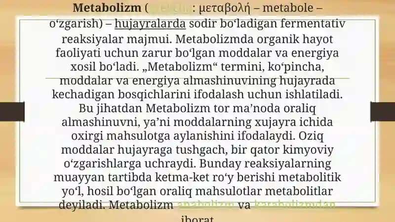 Metabolizm jarayonida energiya hosil bo‘lishi va sarflanishi. 3