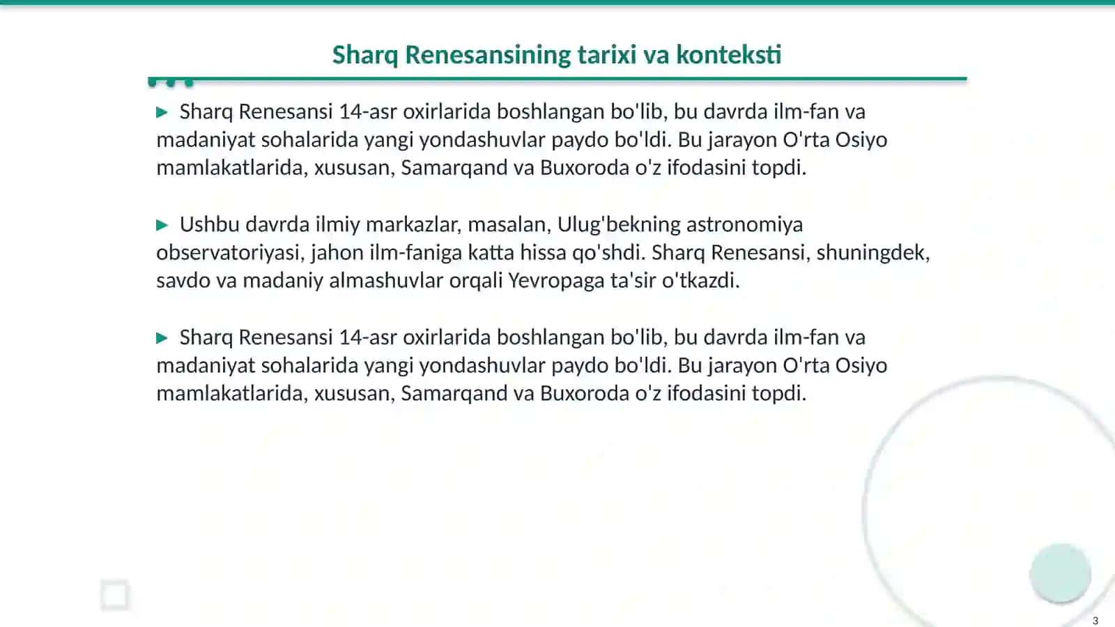 Sharq Renesansining jahon silvizatsiyasi taraqqiyotidagi o'rni 3