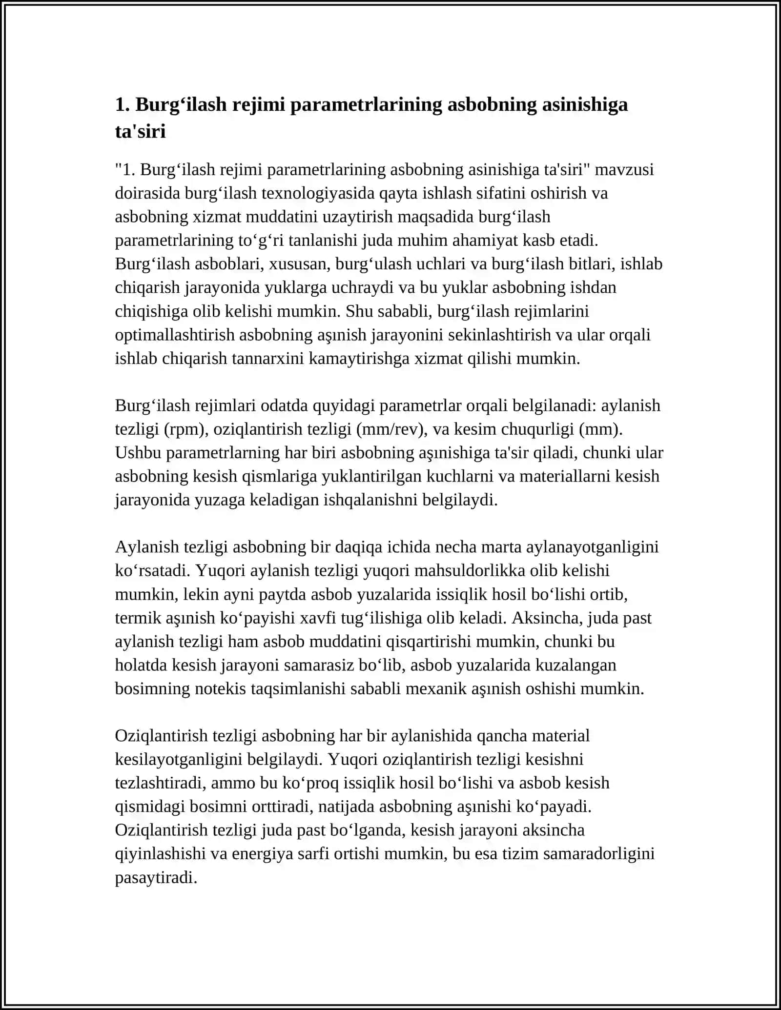 TEXNOLOGIK JARAYONLARDA BURG‘ILASH REJIMI PARAMETRLARINI TA'SIRINI ISHLAB CHIQISH 3