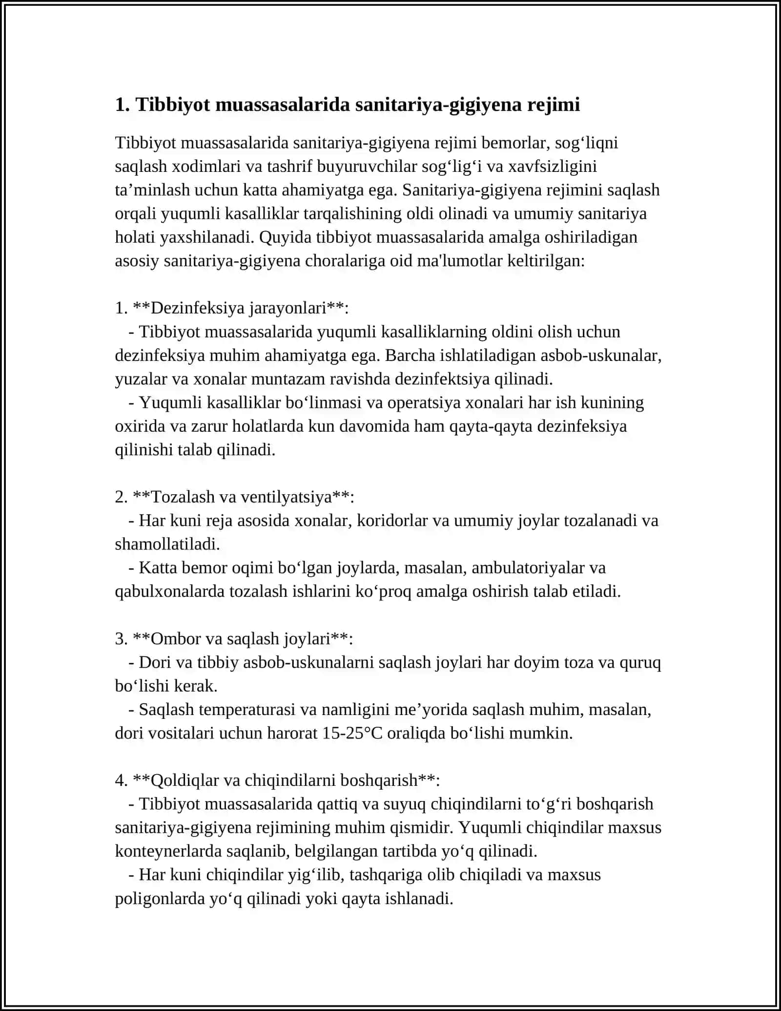 TIBBIY PROFILAKTIKA MUASSASALARIDA SANITARIYA-GIGIYENA REJIMI.MEHNAT GIGIYENASI, SHAXSIY GIGIYENA QOIDALARI, XODIMLARNI TIBBIY KOʻRIKDAN OʻTKAZISH VA EMLASH ZARURATI VA CHASTOTASI. DASTLABKI, JORIY VA UMUMIY TOZALASH XUSUSIYATLARI 3