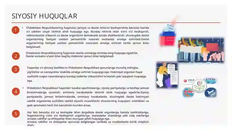Inson va fuqarolarning siyosiy, iqtisodiy, ijtimoiy, madaniy va ekologik huquqlari. Fuqarolarning burchlari. 3