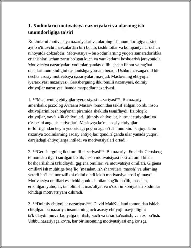 Xodimlarni motivatsiya nazariyalari va ularning ish unumdorligiga ta'siri 3